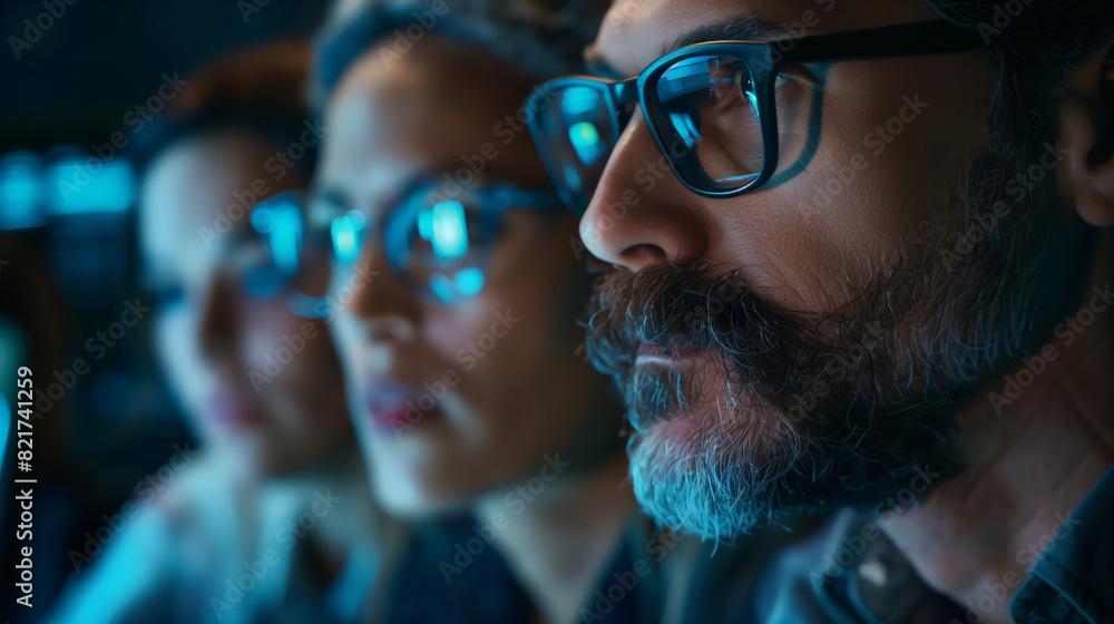 Close-up of a team of specialists discussing a new project. Three people are looking at a blue screen with lots of graphs Close-up of a team of specialists discussing a new project. Three people are looking at a blue screen with lots of graphs