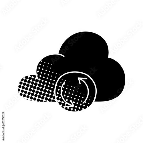 Cloud syncing black hand drawn icon in halftone texture style