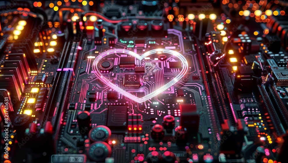 A captivating close-up of a circuit board with a glowing heart-shaped pattern, blending technology and emotions in a surreal and symbolic digital artwork.