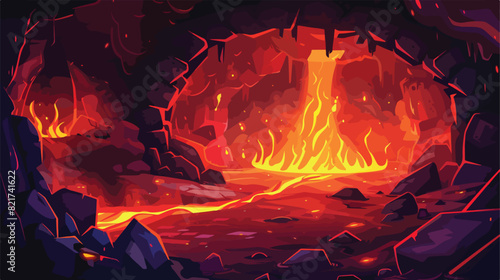 Game background of hell with lava in rock cave. Fanta
