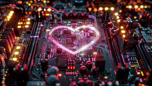 A captivating close-up of a circuit board with a glowing heart-shaped pattern  blending technology and emotions in a surreal and symbolic digital artwork.