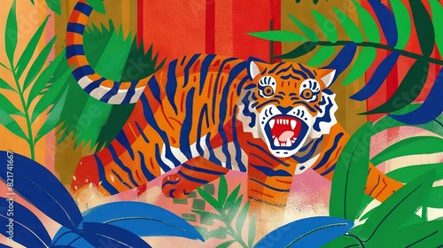   Tiger s Open Mouth in Red Background with Jungle Scene