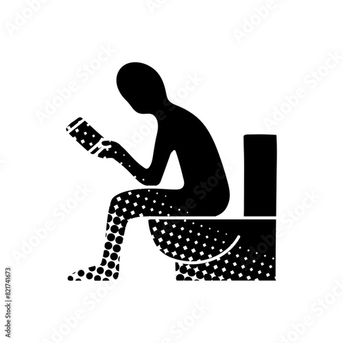 Man sitting in toilet and holding smart phone black hand drawn icon in halftone texture style