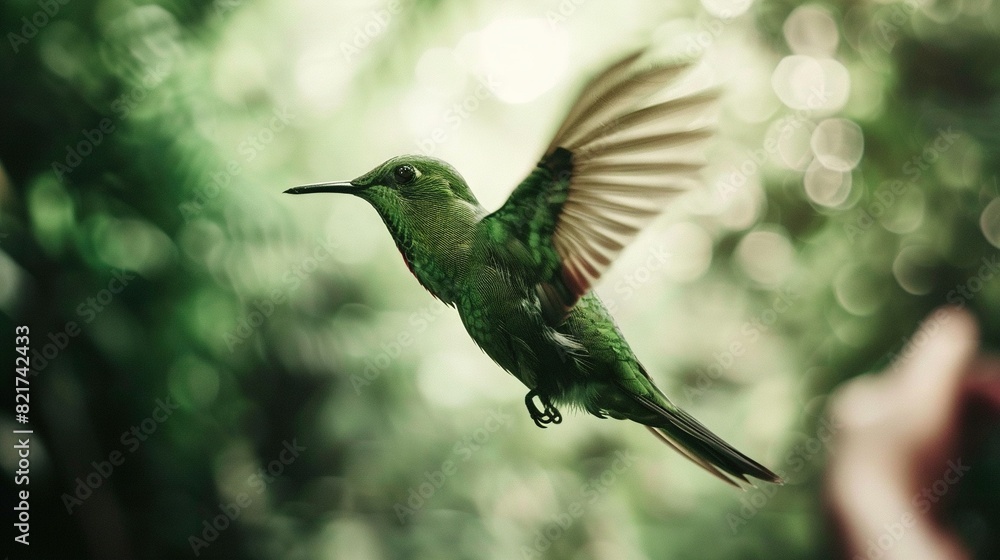 Fototapeta premium A hummingbird flies through the air with its wings wide open, surrounded by trees