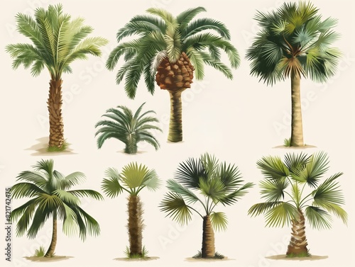 A detailed illustration of different palm tree species on a light background  showcasing diverse tropical foliage.
