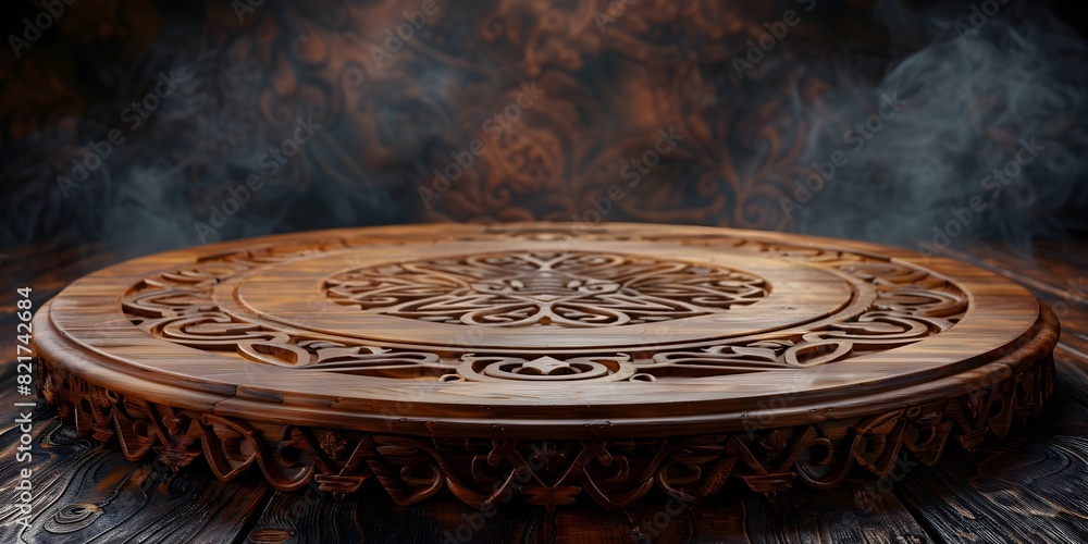 Ornately Carved Wooden Table with Intricate Detailing in Rich Colors Awaiting Display