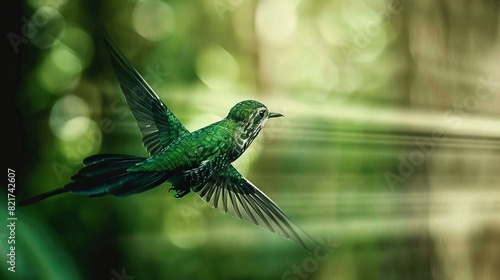  A green hummingbird flies gracefully with spread wings against a backdrop of trees © Olga