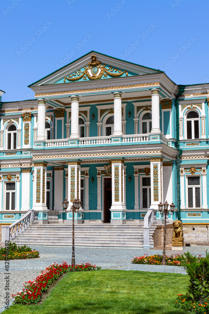 Two-story mansion of classical architecture. Built in 1895. Museum of Friendship between Uzbekistan and China in the city of Samarkand. Republic of Uzbekistan