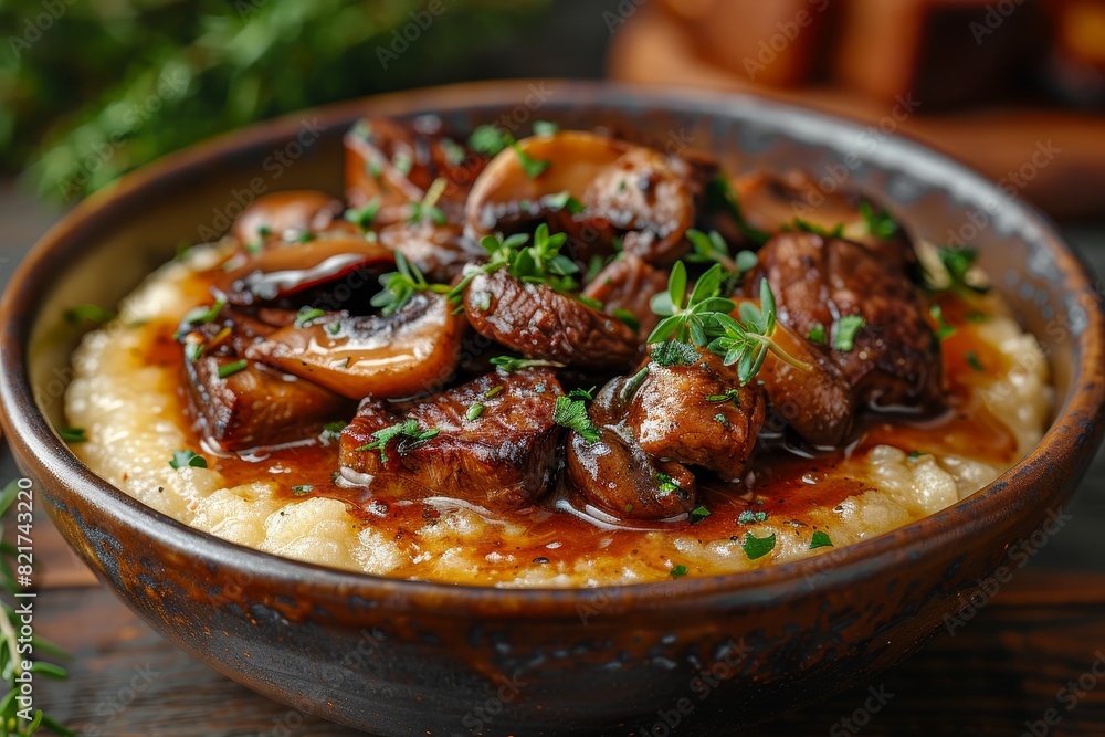 Polenta: Creamy polenta served with a rich meat or mushroom sauce, garnished with fresh herbs. Polenta: Creamy polenta served with a rich meat or mushroom sauce, garnished with fresh herbs.