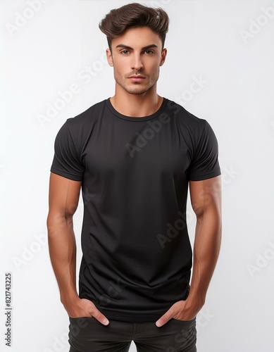 Sleek Simplicity: Black T-Shirt on Young Man with White Backdrop