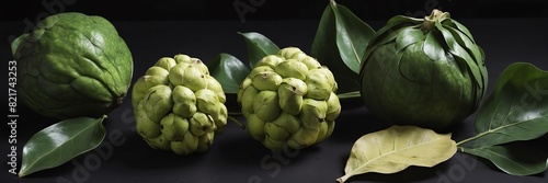 cherimoya fruits and leaves on plain black background from Generative AI photo