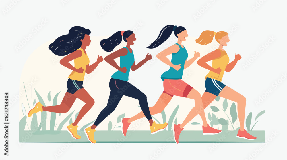 Active cartoon woman running together vector flat illustration