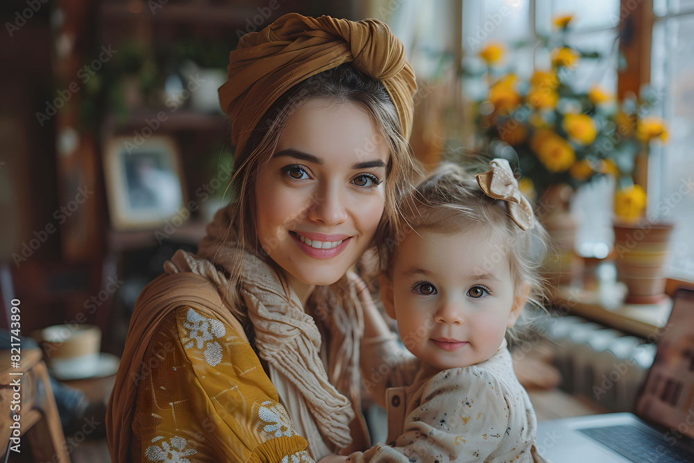 Obraz premium Beautiful Smiling Mother and Child in Cozy Home Setting