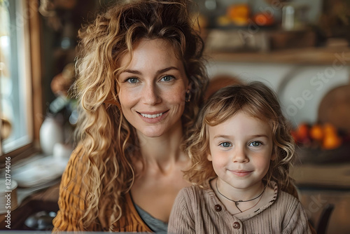 Beautiful Smiling Mother and Child in Cozy Home Setting