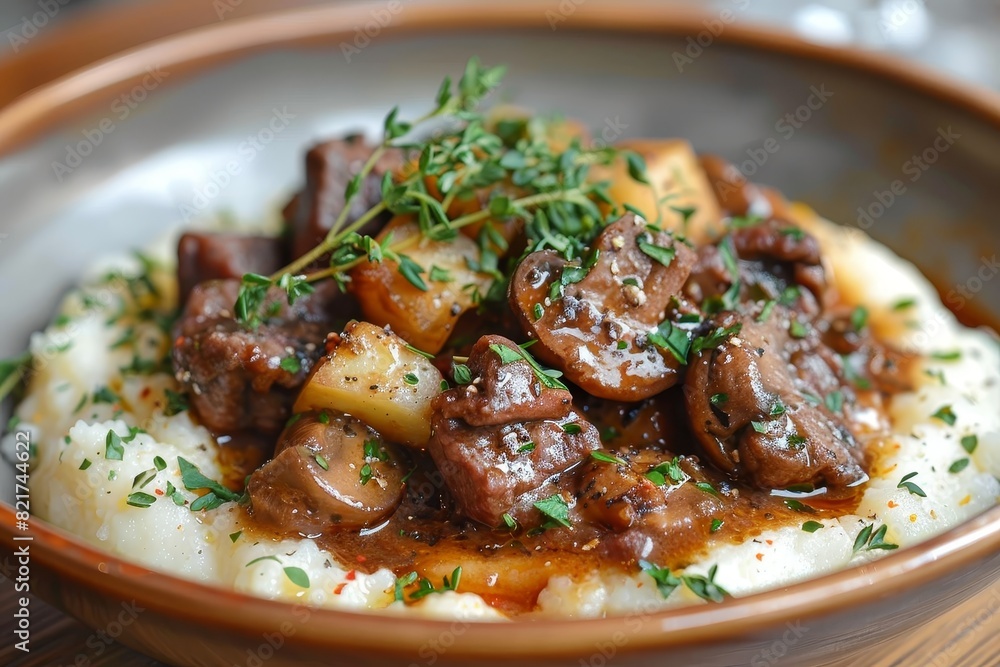 Polenta: Creamy polenta served with a rich meat or mushroom sauce, garnished with fresh herbs. Polenta: Creamy polenta served with a rich meat or mushroom sauce, garnished with fresh herbs.
