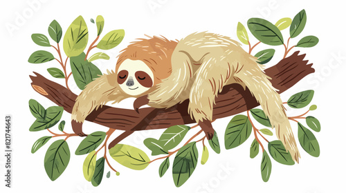 Adorable sloth sleeping on branch. Lazy wild jungle 