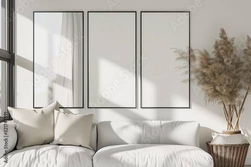 Three vertical ISO A2 frame mockup, reflective glass, mockup poster on the wall of living room. Interior mockup. Apartment background. Modern Scandinavian Boho interior design. 3D render photo