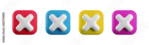 Vector 3d cross x realistic icon set. Trendy square plastic wrong red, blue, yellow and pink check mark. No vote button. 3d render not approved symbol, error, delete, failed sign for web design, app.