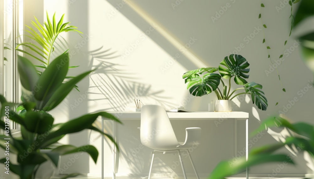 A minimalist desk setup with a white chair and green houseplants on a clean background, perfect for home office and productivity themes A minimalist desk setup with a white chair and green houseplants on a clean background, perfect for home office and productivity themes