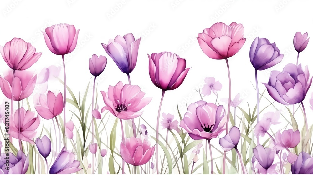 Obraz premium watercolour pink and purple tulips for wedding invitations, greetings, wallpapers, fashion, prints