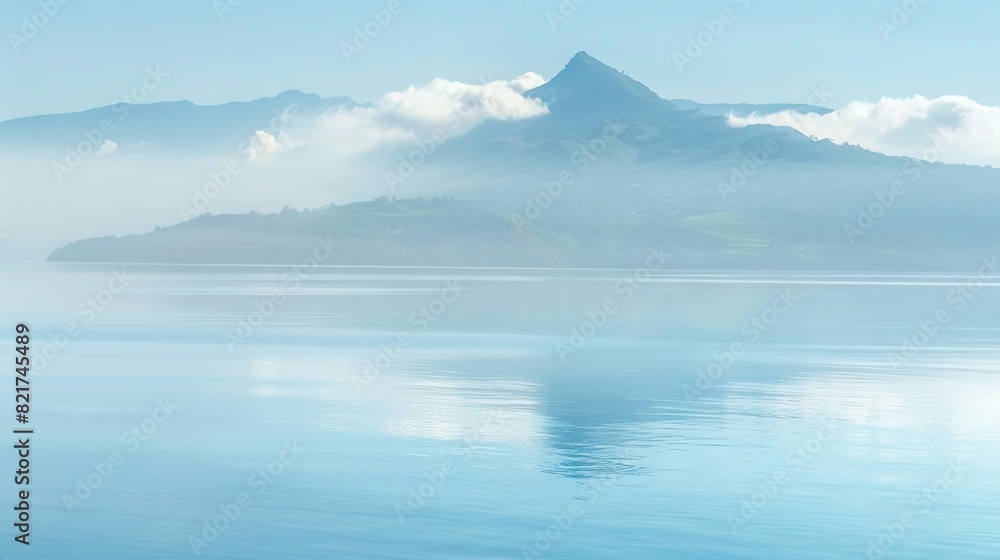   A vast expanse of water stretches before you, with a majestic mountain looming in the background and wispy clouds scattered across the sky above