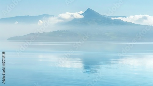  A vast expanse of water stretches before you, with a majestic mountain looming in the background and wispy clouds scattered across the sky above