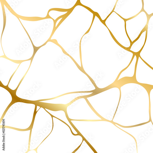 Gold kintsugi crack repair marble texture vector illustration isolated on white background. Broken foil marble pattern with golden dry cracks. Wedding card, cover or pattern Japanese motif background.
