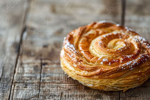 A Danish pastry on a rustic wooden table