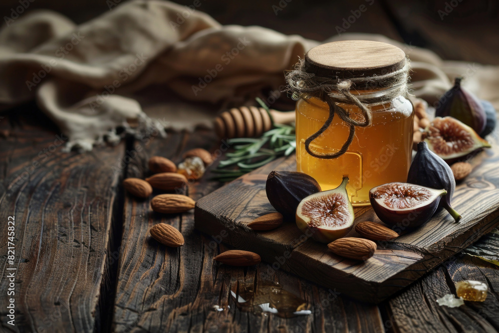 Artisanal honey jar surrounded by fresh figs and almonds on a rustic wooden table, evoking a sense of natural and wholesome produce. Artisanal honey jar surrounded by fresh figs and almonds on a rustic wooden table, evoking a sense of natural and wholesome produce.