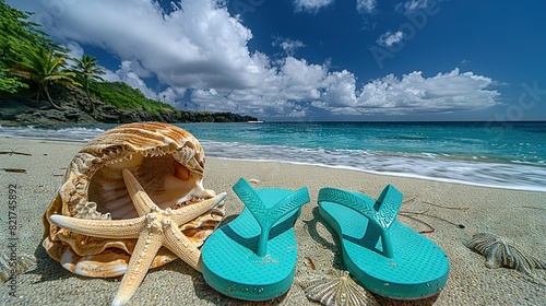 Blue flip-flops sit on a sandy beach with seashell and starfish