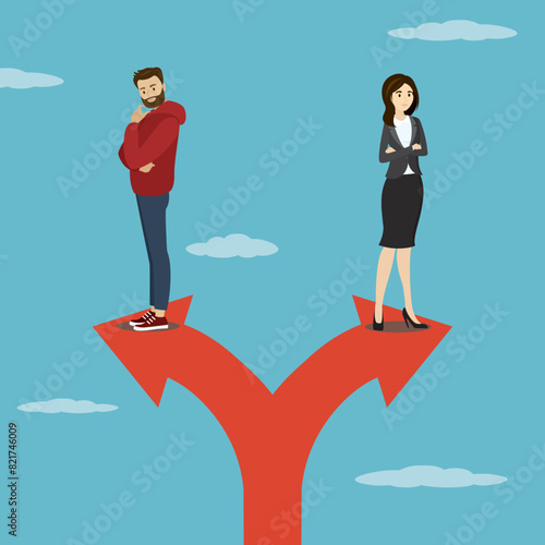 Couple person has different opinions. Conflict of opinion, divorce. Business people stand on arrows in different directions. Problems of communication, mutual understanding