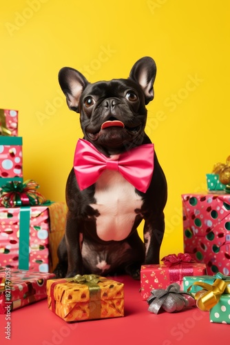 The French Bulldog wearing a festive bandana, surrounded by vibrant Christmas presents, against a pastel yellow backdrop, capturing the excitement and anticipation of the holiday. © Hanna Haradzetska