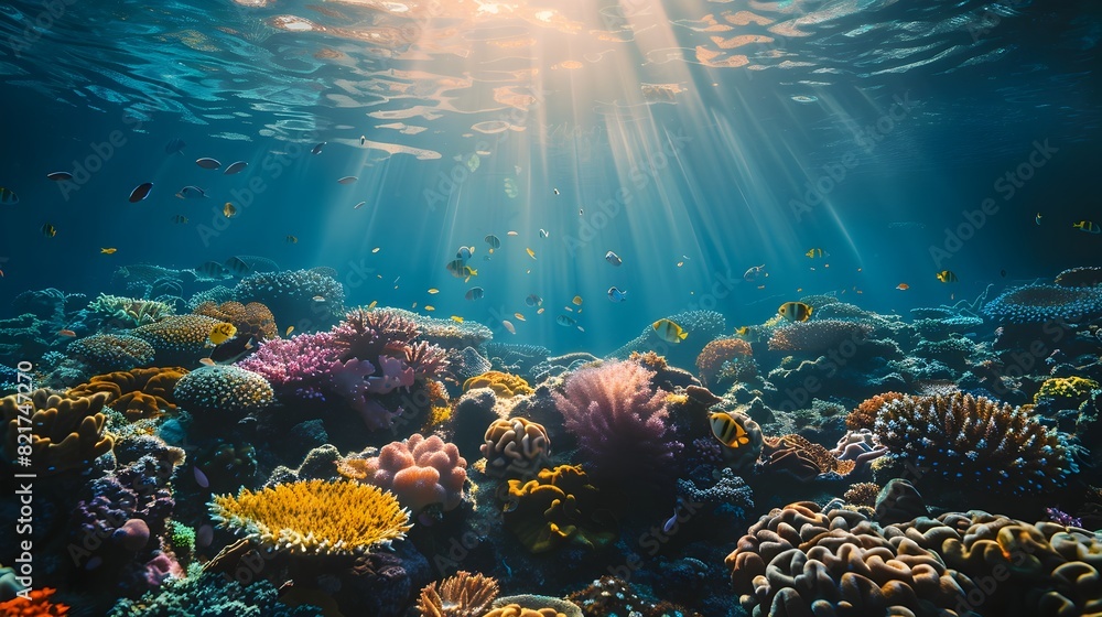 Naklejka premium Vibrant Coral Reef Teeming with Diverse Marine Life Showcasing the Beauty of Underwater Ecosystems and the Importance of Ocean Conservation