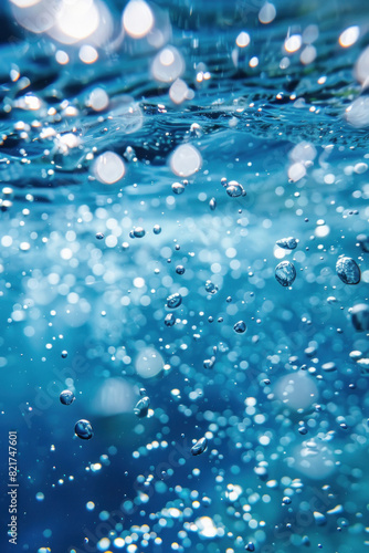 Blue water filled with air bubbles