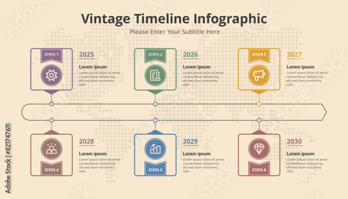 Infographic design 6 options or steps with icons. Infographic vintage concept Can be used for info graphics, flow charts, presentations, web sites, banners.