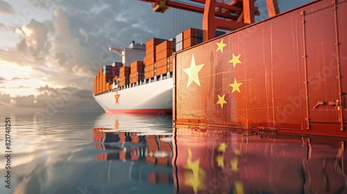 A massive container ship proudly displaying the vibrant red and yellow Chinese flag as it sails across the ocean photo