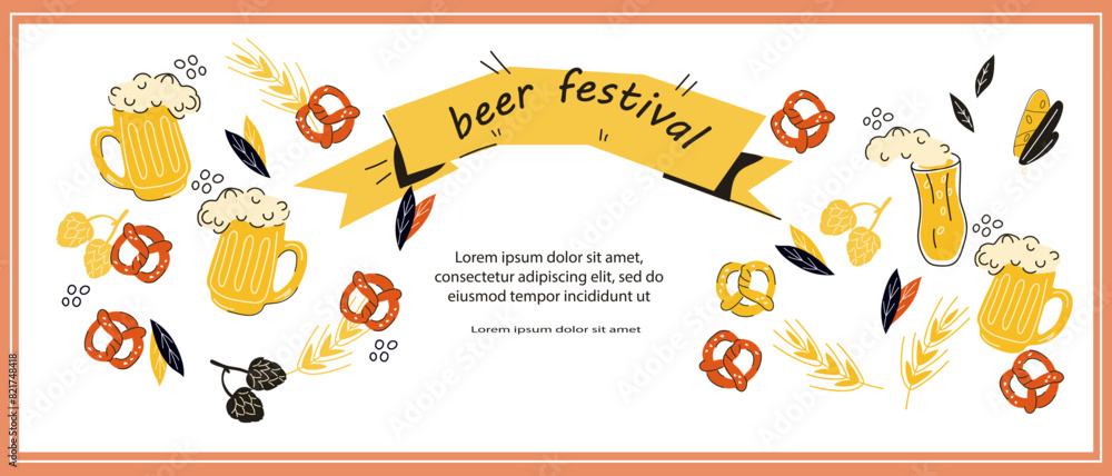 Fototapeta premium Oktoberfest banner template a touch of Bavarian flair to any party or event, beer festival, vector illustration isolated on white background. Design for Oktoberfest banner or flyer, party.