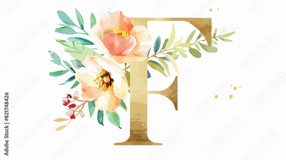 Golden letter F with watercolor flowers and leaves. 