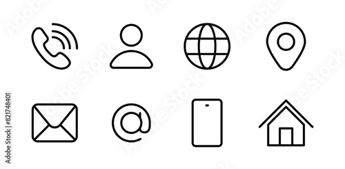 Business card icon set in line style. Contact information, Home, Phone, Location, Address, Website, mail, fax, user simple black style symbol sign for apps and website, vector illustration.