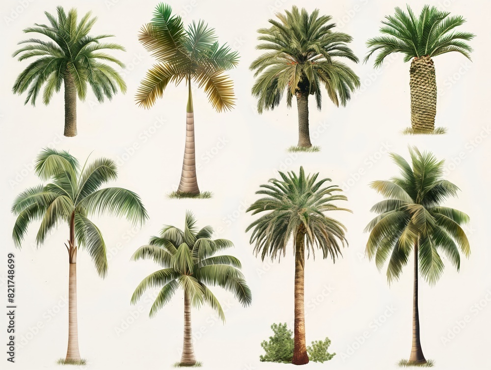 Detailed illustration of different palm tree species on a white background, showcasing botanical diversity.