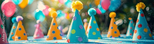 Colorful party hats with polka dots and pom-poms arranged on a table, surrounded by vibrant balloons in a festive outdoor celebration setting. photo