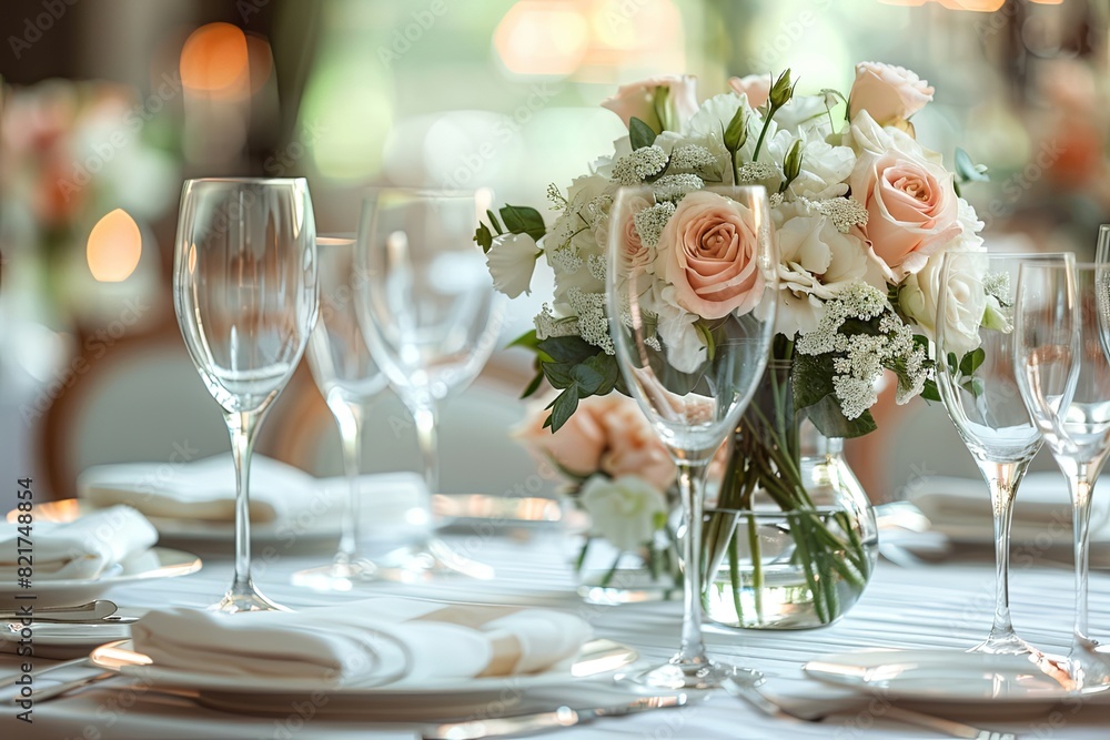 Elegant table setting with floral centerpiece and glassware, perfect for weddings, events, or fine dining. Capturing sophistication and beauty. Elegant table setting with floral centerpiece and glassware, perfect for weddings, events, or fine dining. Capturing sophistication and beauty.