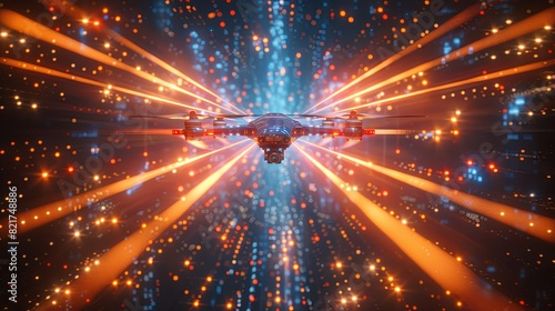 Futuristic spacecraft traveling through a warp tunnel with vibrant lights and stars, depicting advanced space travel technology and exploration. © enterdigital