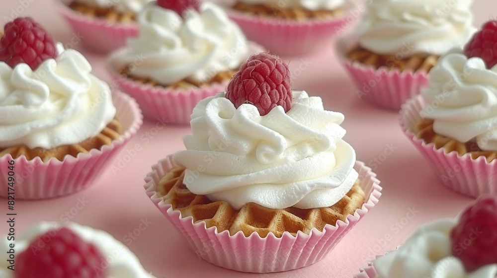 Close-up of a cupcake array, adorned with whipped cream and raspberry garnish Close-up of a cupcake array, adorned with whipped cream and raspberry garnish