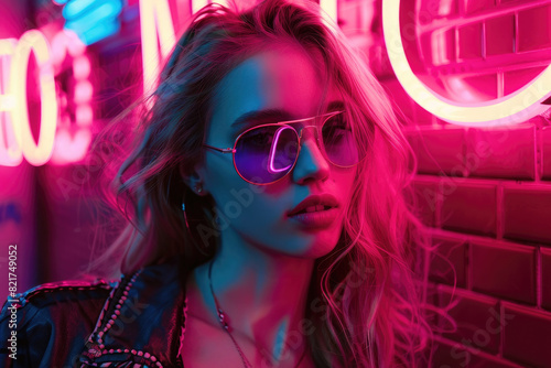 A woman wearing sunglasses stands confidently in front of a vibrant neon sign  casting a stylish silhouette against the colorful backdrop
