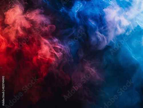 Abstract red and blue smoke swirls on a dark background, creating a mystical and dramatic effect.