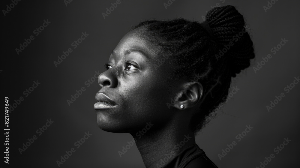 A woman wearing a black shirt is looking off into the distance with a thoughtful expression A woman wearing a black shirt is looking off into the distance with a thoughtful expression