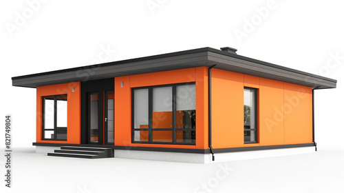 A modern German-style home in 3D, featuring a bright orange facade with contrasting black trim and a flat roof, isolated on a white background.