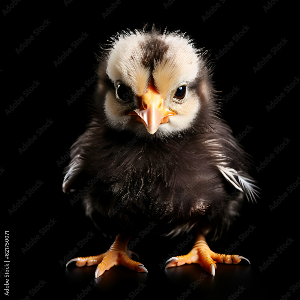 Fototapeta premium Home pet hen chick on a black background closeup