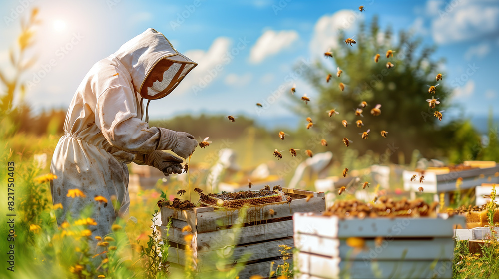 Fototapeta premium View of honey bee farm and a beekeeper, checking the beehive box, with sunlight in the background.